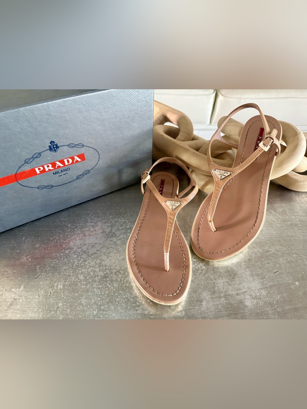 Authentic Prada Patent Leather Triangle Logo Thong Sandals -Tan - EU 37